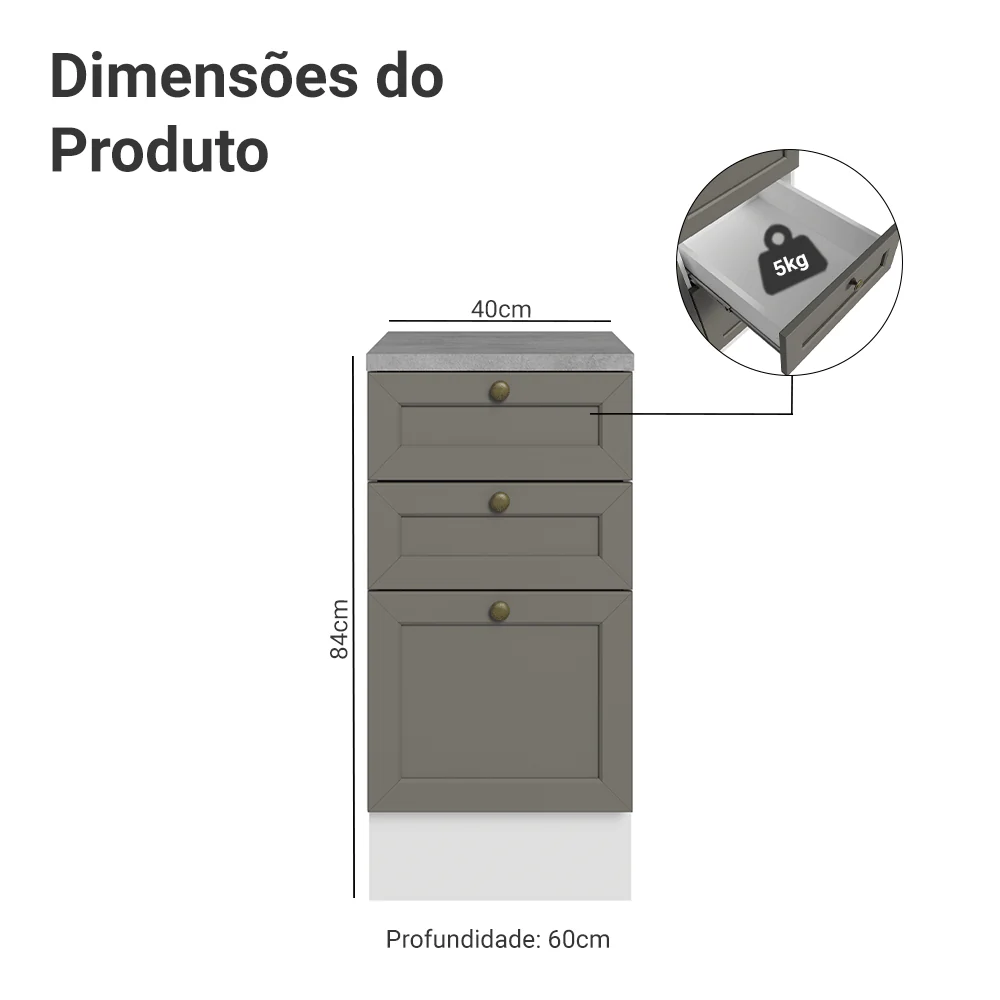 Balcão de Cozinha 40 x 60 cm 3 Gavetas (Com Tampo) Branco/Cinza Vik Madesa - Image 2