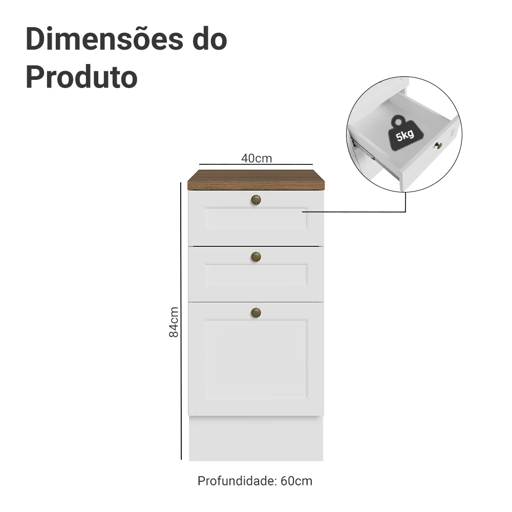 Balcão de Cozinha 40 x 60 cm 3 Gavetas (Com Tampo) Branco/Rustic Vik Madesa - Image 2