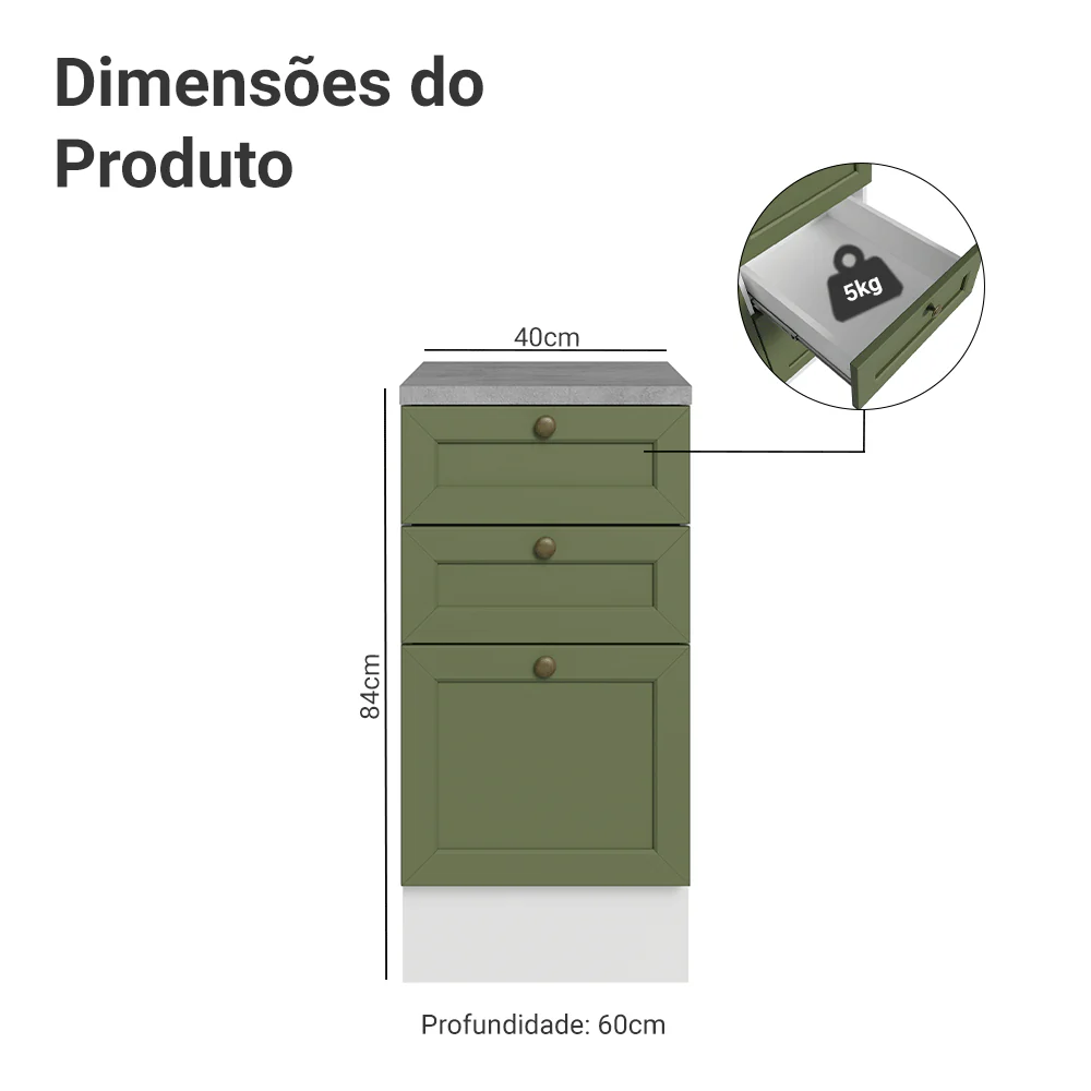 Balcão de Cozinha 40 x 60 cm 3 Gavetas (Com Tampo) Branco/Verde Vik Madesa - Image 2