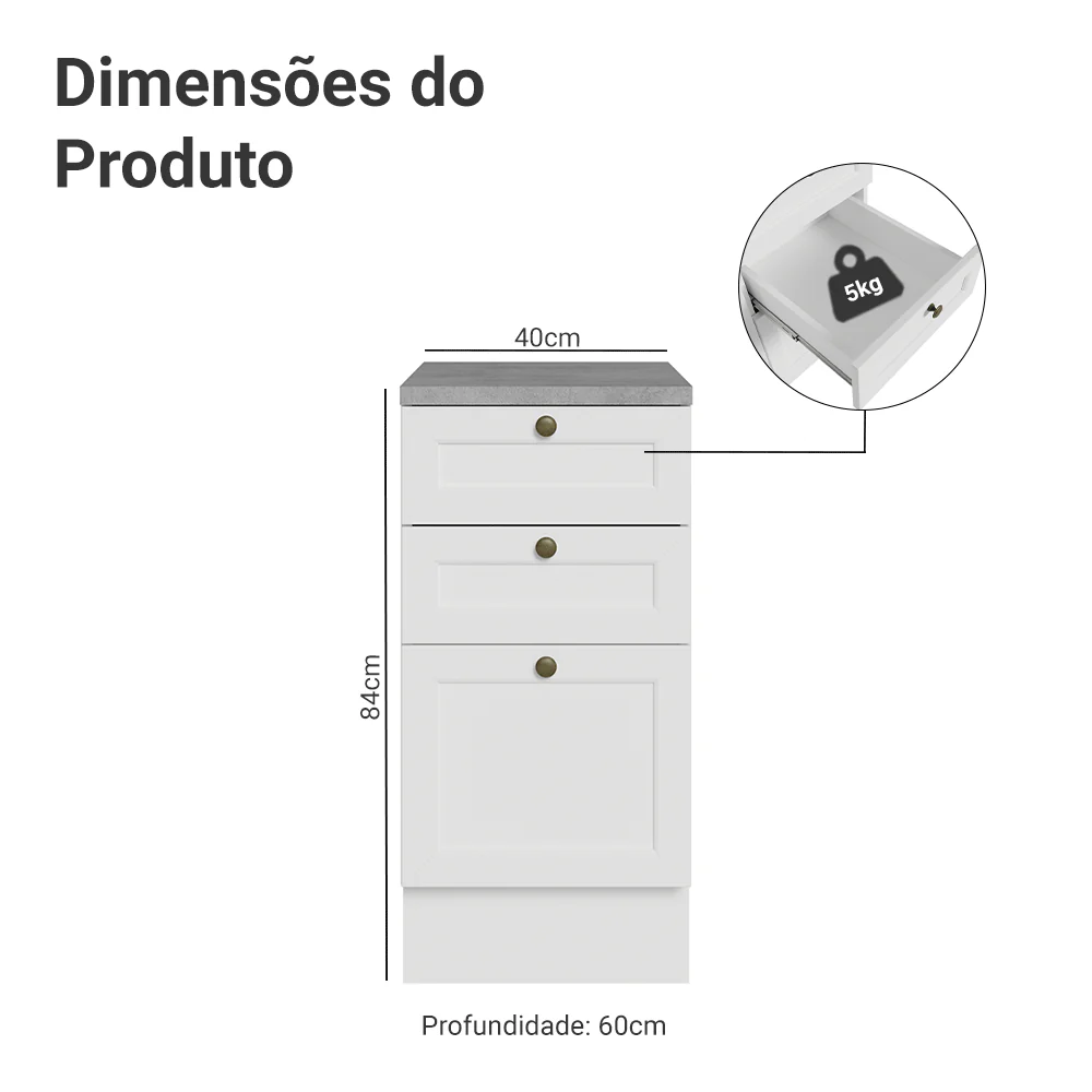 Balcão de Cozinha 40 x 60 cm 3 Gavetas (Com Tampo) Branco Vik Madesa - Image 2