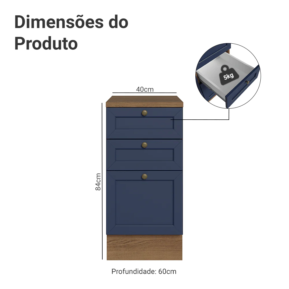 Balcão de Cozinha 40 x 60 cm 3 Gavetas (Com Tampo) Rustic/Azul Vik Madesa - Image 2