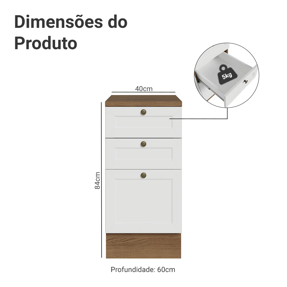 Balcão de Cozinha 40 x 60 cm 3 Gavetas (Com Tampo) Rustic/Branco Vik Madesa - Image 2