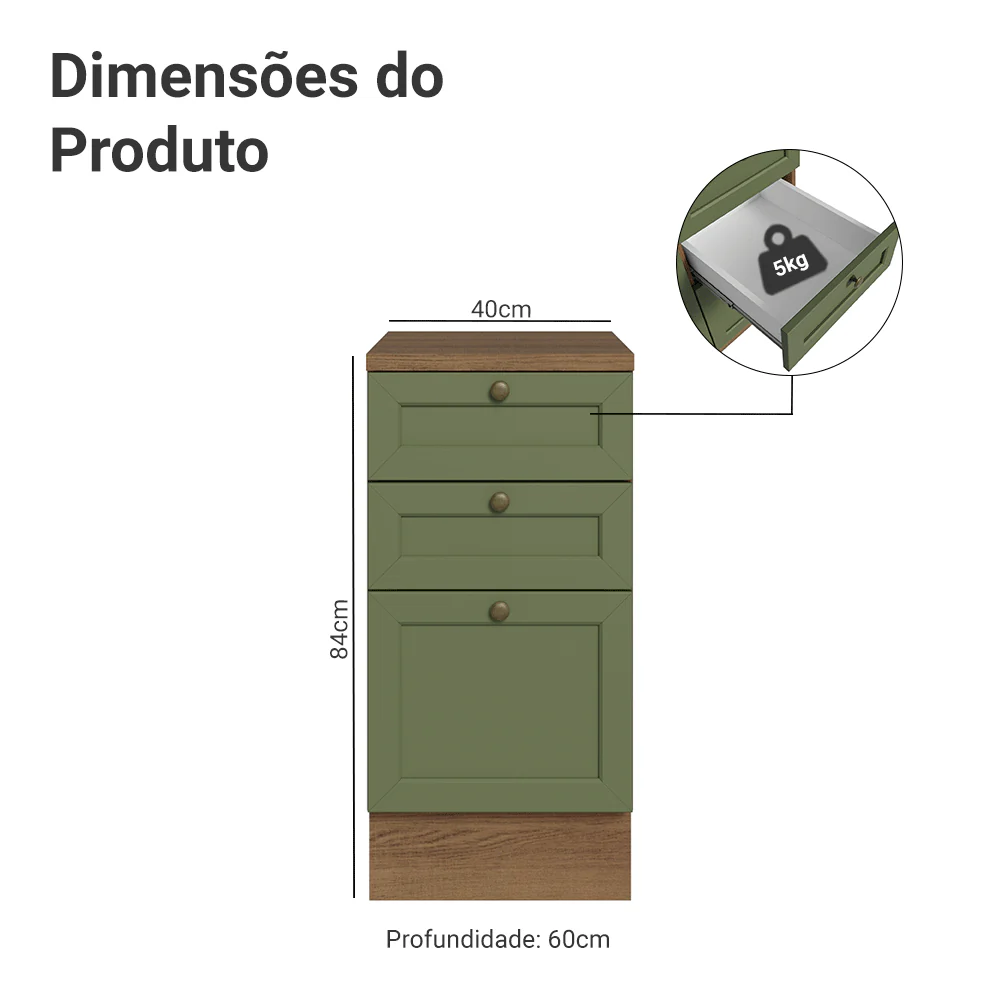 Balcão de Cozinha 40 x 60 cm 3 Gavetas (Com Tampo) Rustic/Verde Vik Madesa - Image 2