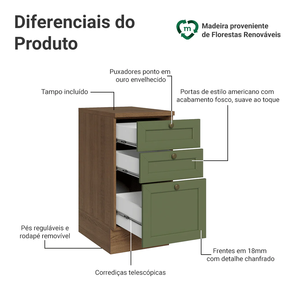 Balcão de Cozinha 40 x 60 cm 3 Gavetas (Com Tampo) Rustic/Verde Vik Madesa - Image 3