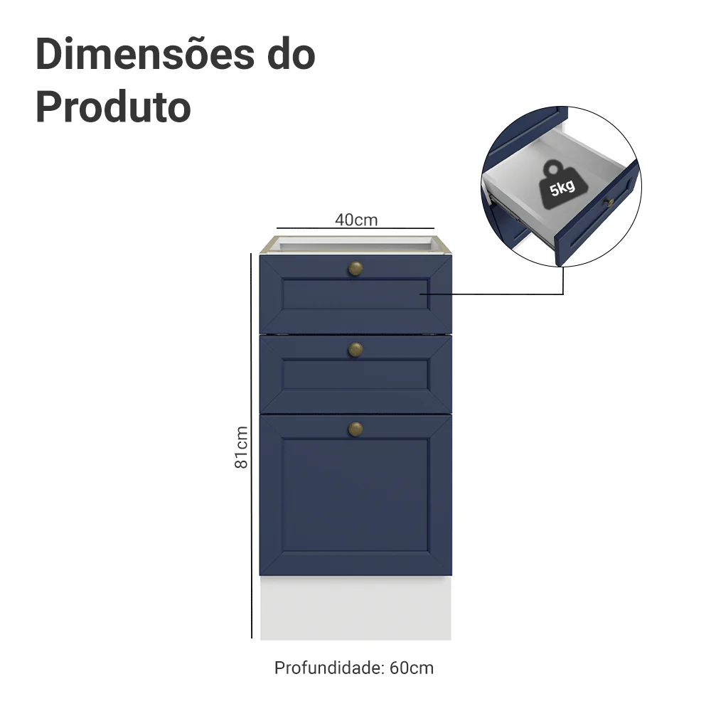 Balcão de Cozinha 40 x 60 cm 3 Gavetas (Sem Tampo) Branco/Azul Vik Madesa - Image 2