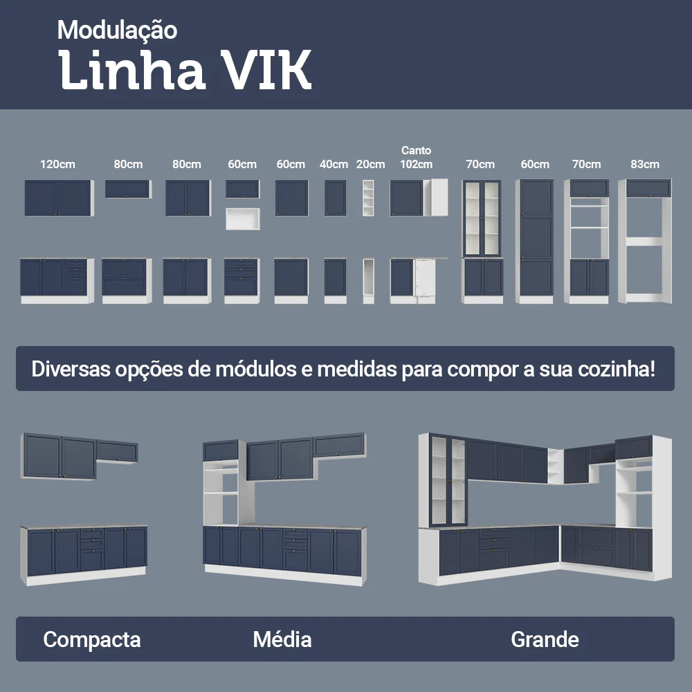 Balcão de Cozinha 40 x 60 cm 3 Gavetas (Sem Tampo) Branco/Azul Vik Madesa - Image 9