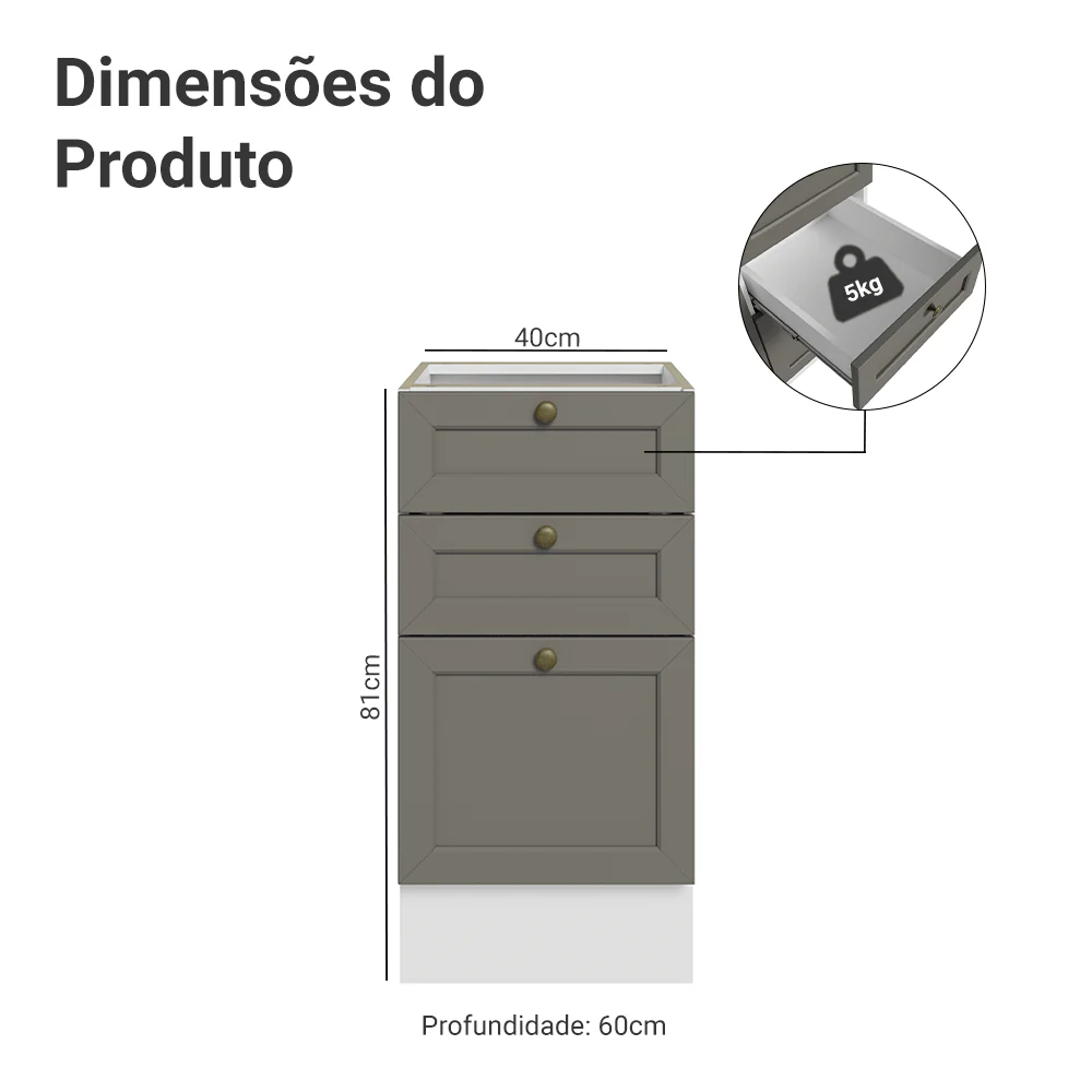 Balcão de Cozinha 40 x 60 cm 3 Gavetas (Sem Tampo) Branco/Cinza Vik Madesa - Image 2