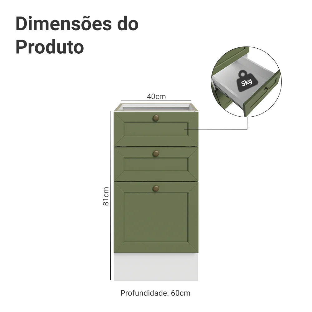 Balcão de Cozinha 40 x 60 cm 3 Gavetas (Sem Tampo) Branco/Verde Vik Madesa - Image 2