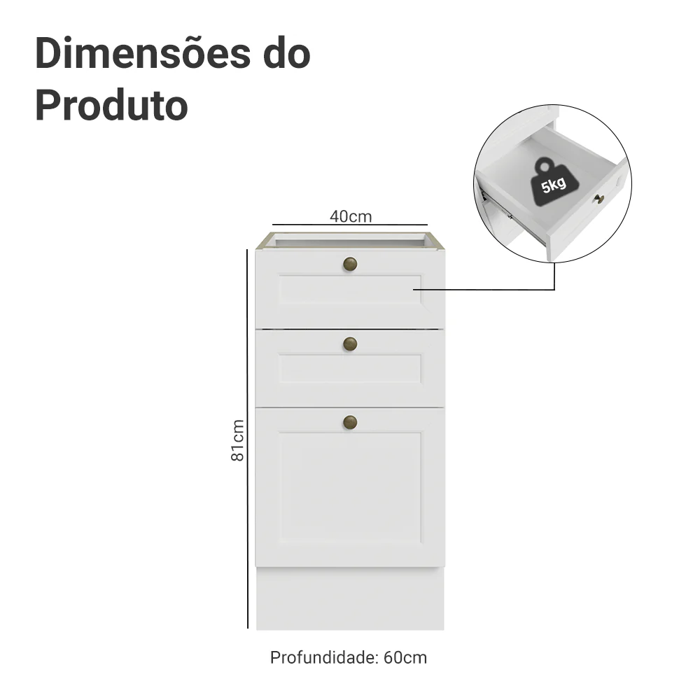 Balcão de Cozinha 40 x 60 cm 3 Gavetas (Sem Tampo) Branco Vik Madesa - Image 2