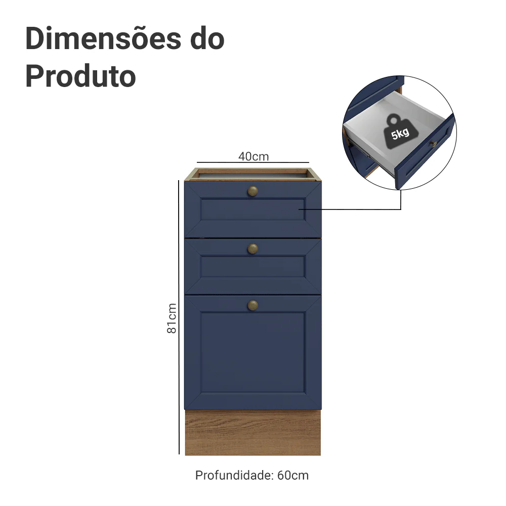 Balcão de Cozinha 40 x 60 cm 3 Gavetas (Sem Tampo) Rustic/Azul Vik Madesa - Image 2