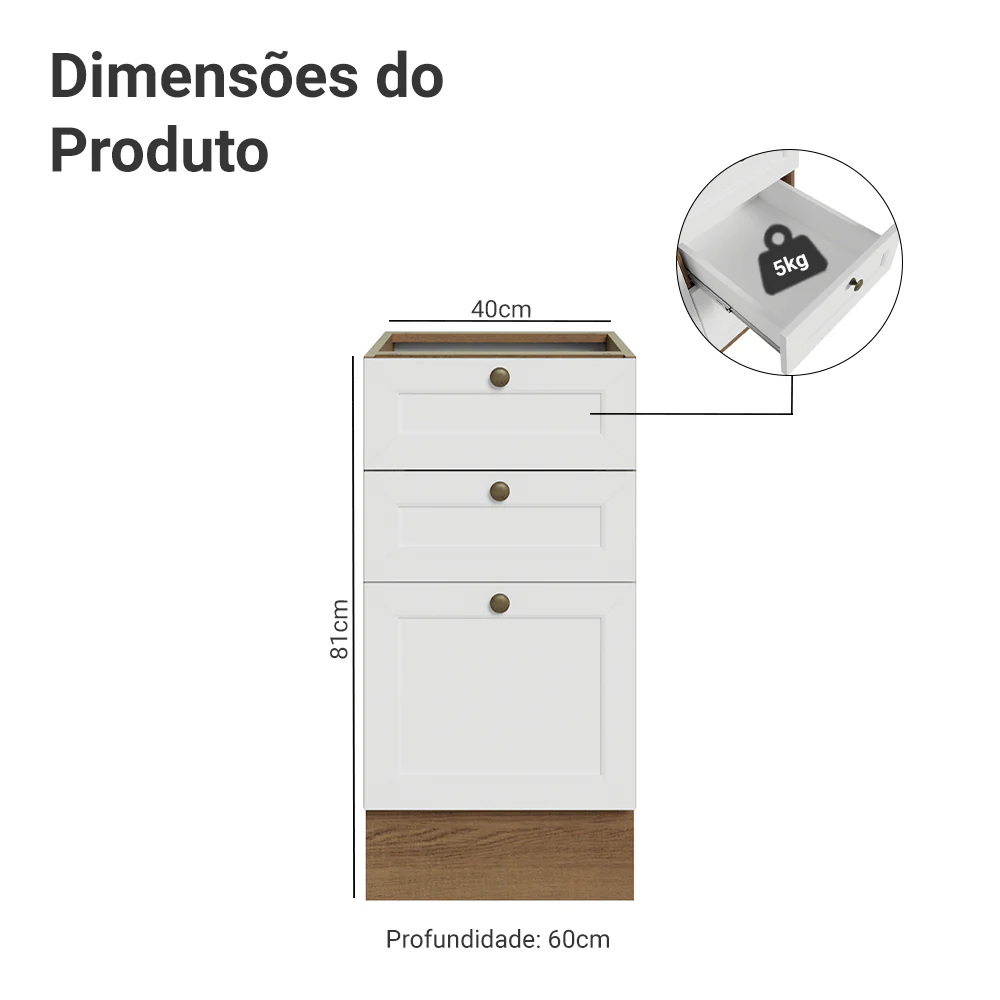 Balcão de Cozinha 40 x 60 cm 3 Gavetas (Sem Tampo) Rustic/Branco Vik Madesa - Image 2