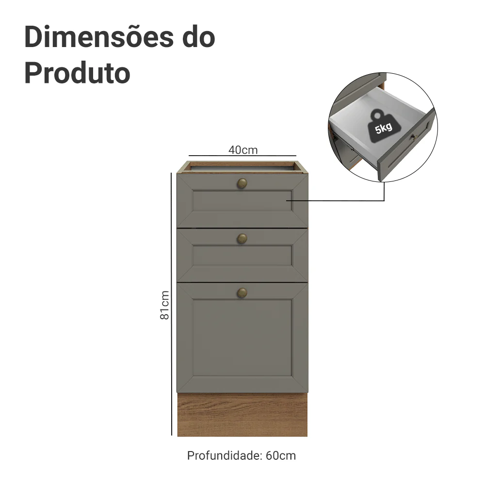 Balcão de Cozinha 40 x 60 cm 3 Gavetas (Sem Tampo) Rustic/Cinza Vik Madesa - Image 2