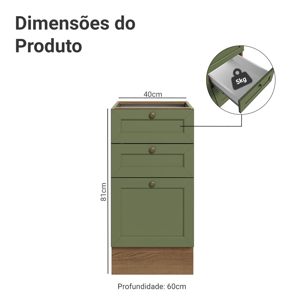 Balcão de Cozinha 40 x 60 cm 3 Gavetas (Sem Tampo) Rustic/Verde Vik Madesa - Image 2