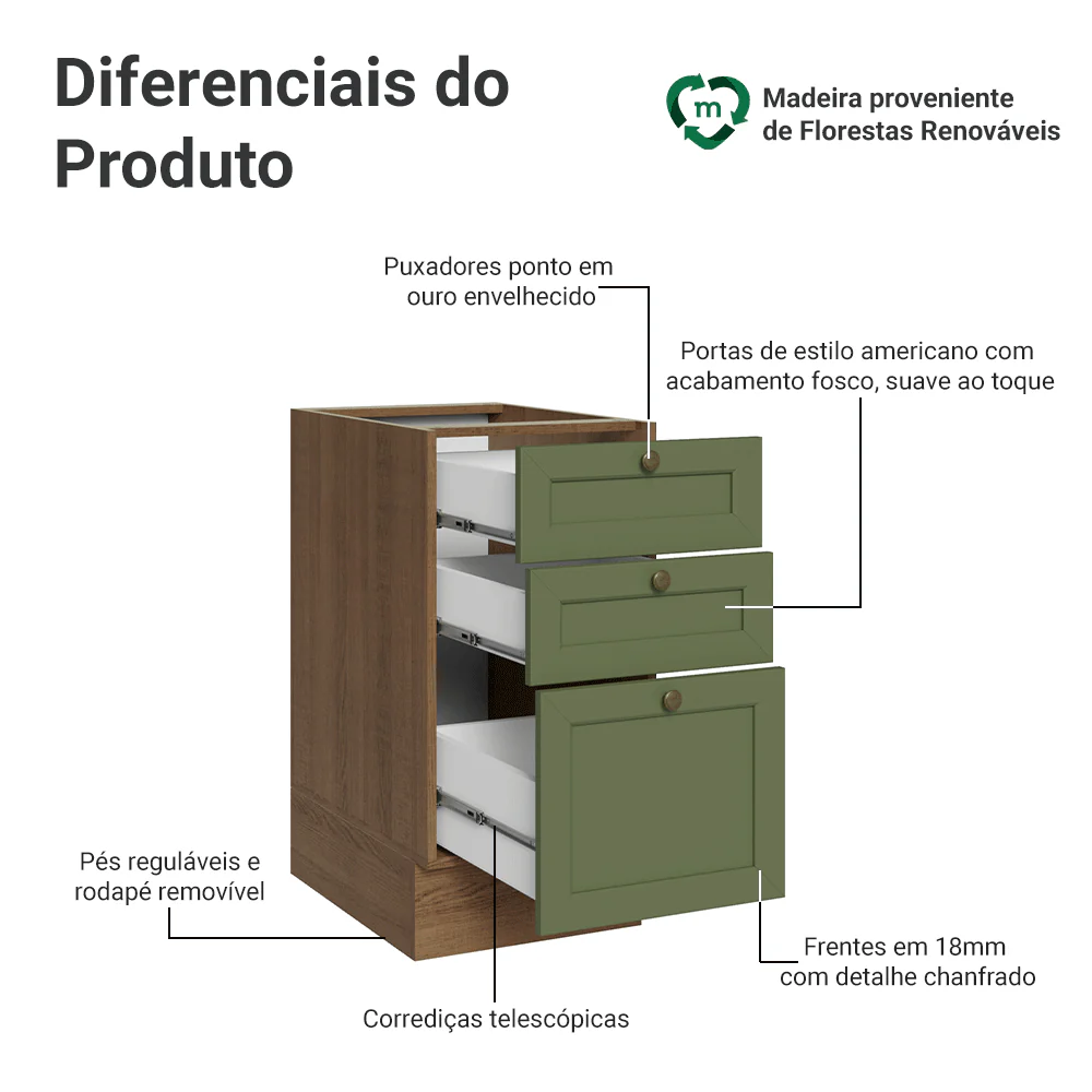 Balcão de Cozinha 40 x 60 cm 3 Gavetas (Sem Tampo) Rustic/Verde Vik Madesa - Image 3