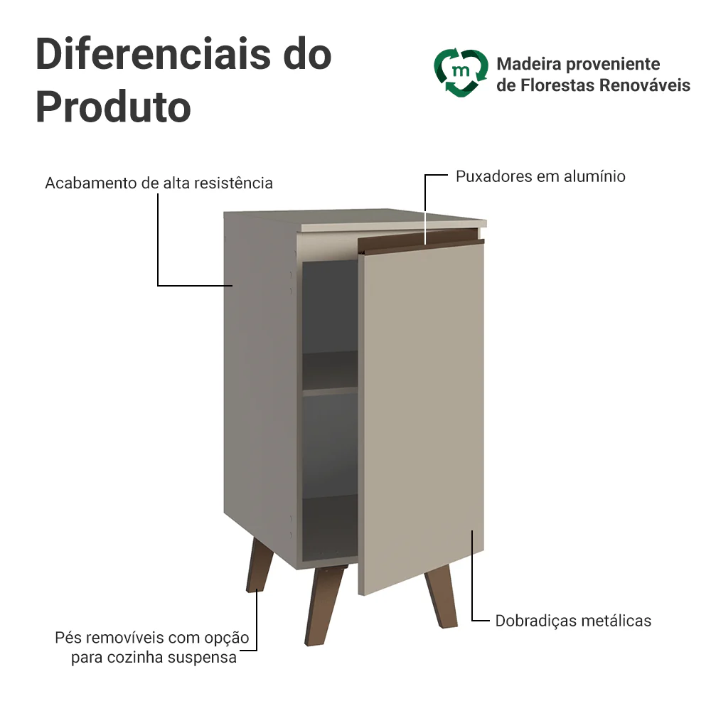 Balcão de Cozinha 40 cm 1 Porta Com Pés Crema Nice Madesa - Image 3