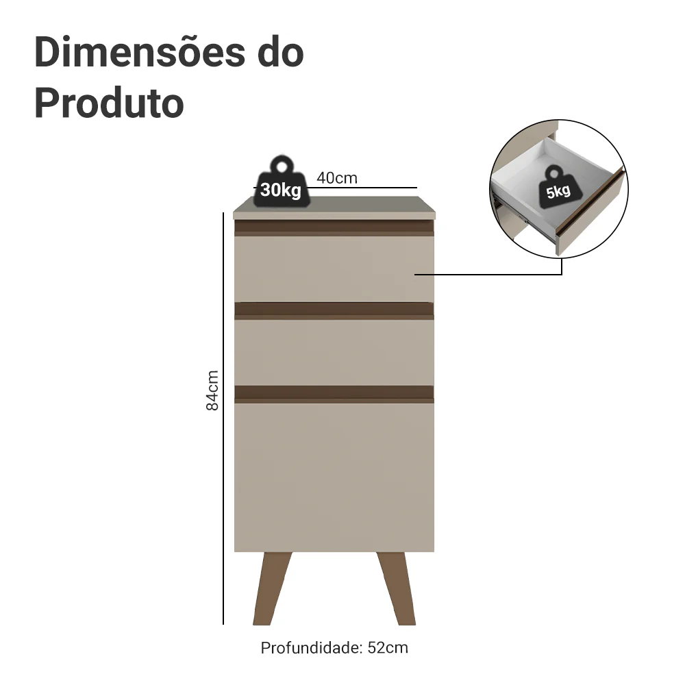 Balcão de Cozinha 40 cm 3 Gavetas Com Pés Crema Nice Madesa - Image 2