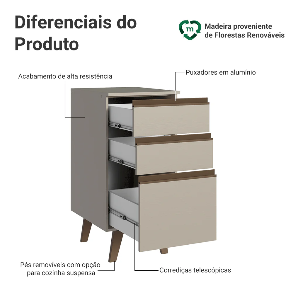 Balcão de Cozinha 40 cm 3 Gavetas Com Pés Crema Nice Madesa - Image 3