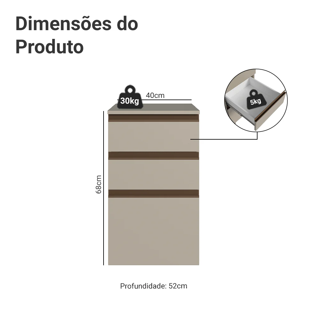 Balcão de Cozinha 40 cm 3 Gavetas Suspenso Crema Nice Madesa - Image 2