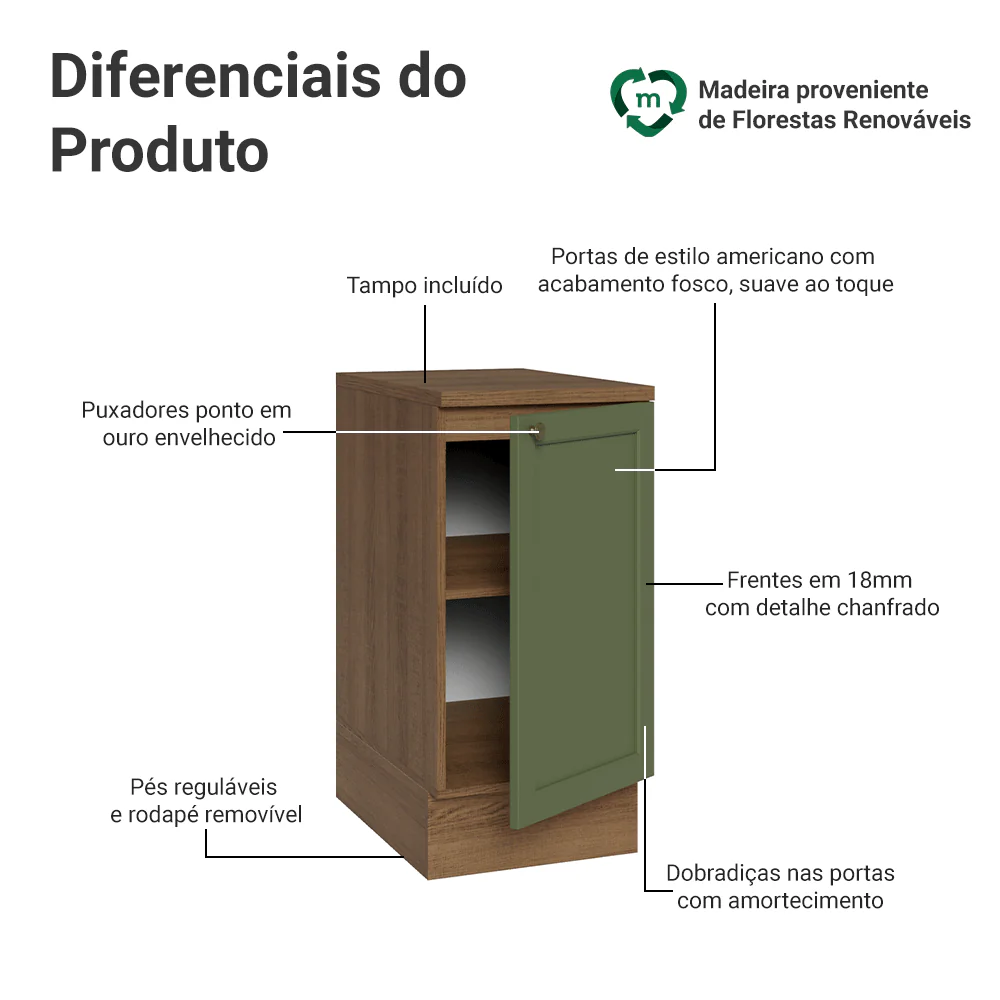 Balcão de Cozinha 40 cm 1 Porta Rustic/Verde Vik Madesa - Image 3