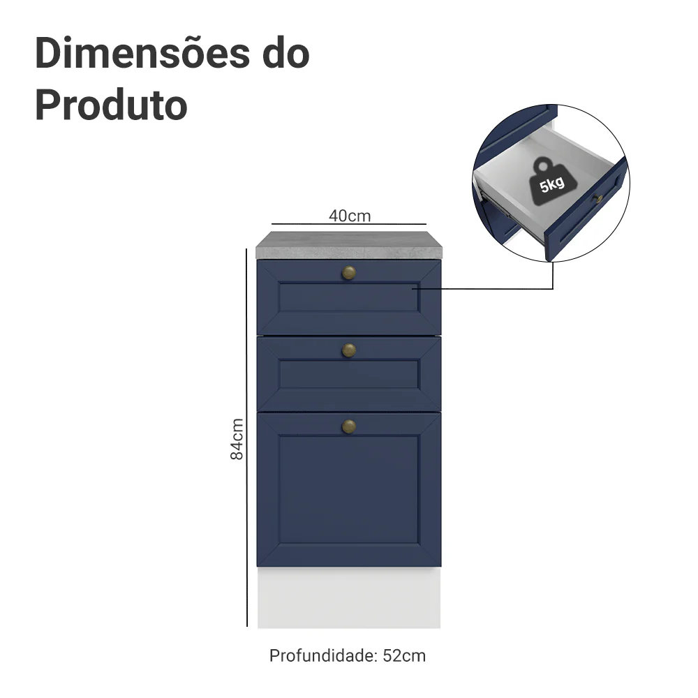 Balcão de Cozinha 40 cm 3 Gavetas Branco/Azul Vik Madesa - Image 2