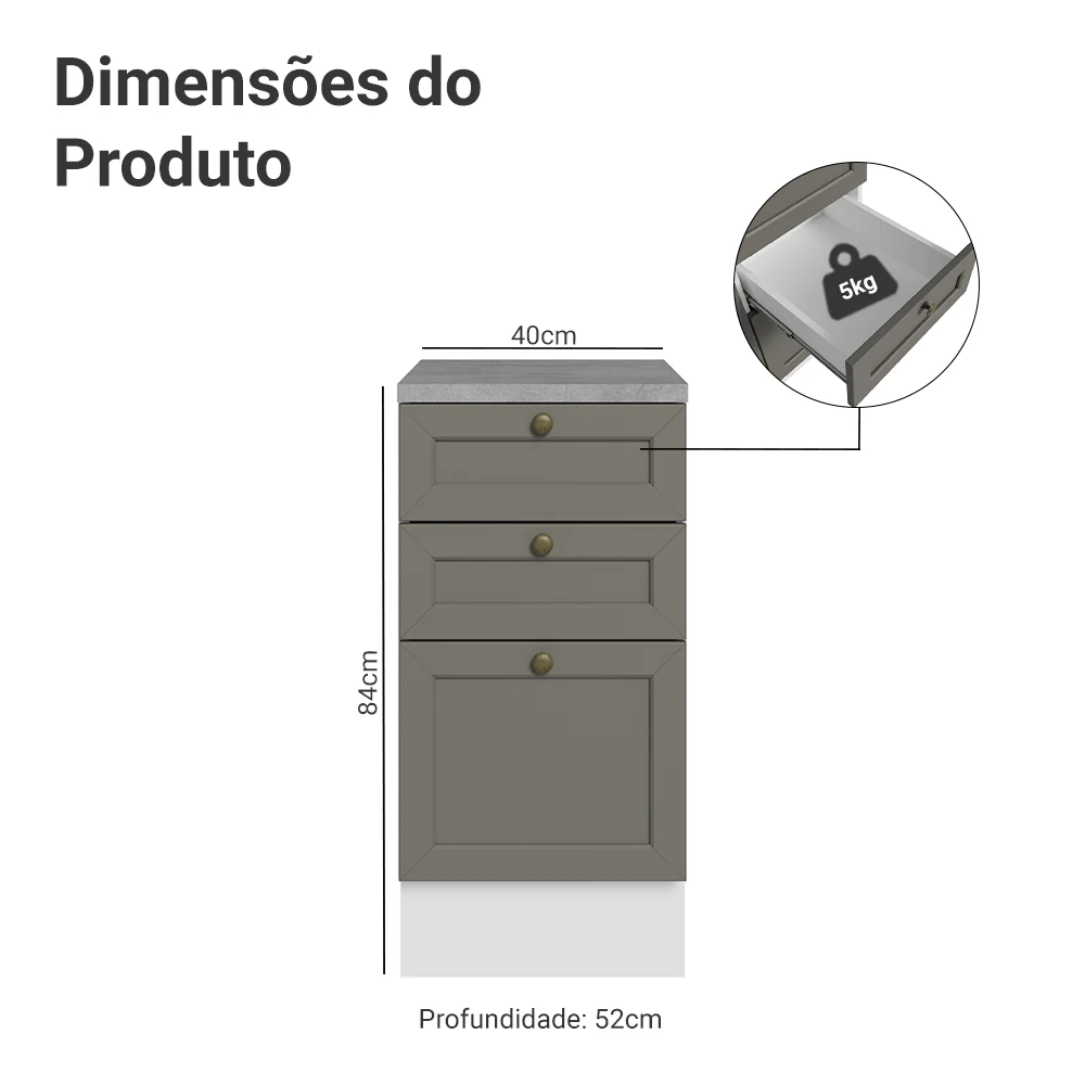 Balcão de Cozinha 40 cm 3 Gavetas Branco/Cinza Vik Madesa - Image 2