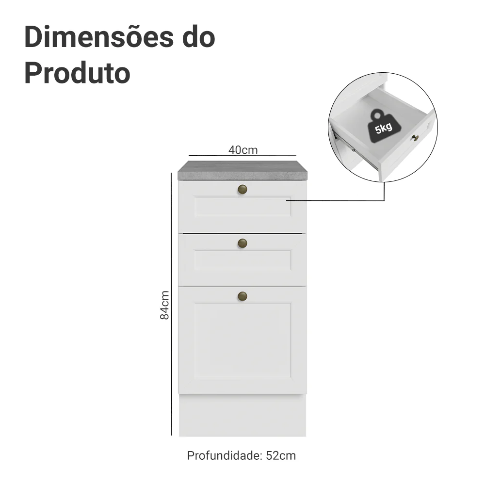 Balcão de Cozinha 40 cm 3 Gavetas Branco Vik Madesa - Image 2