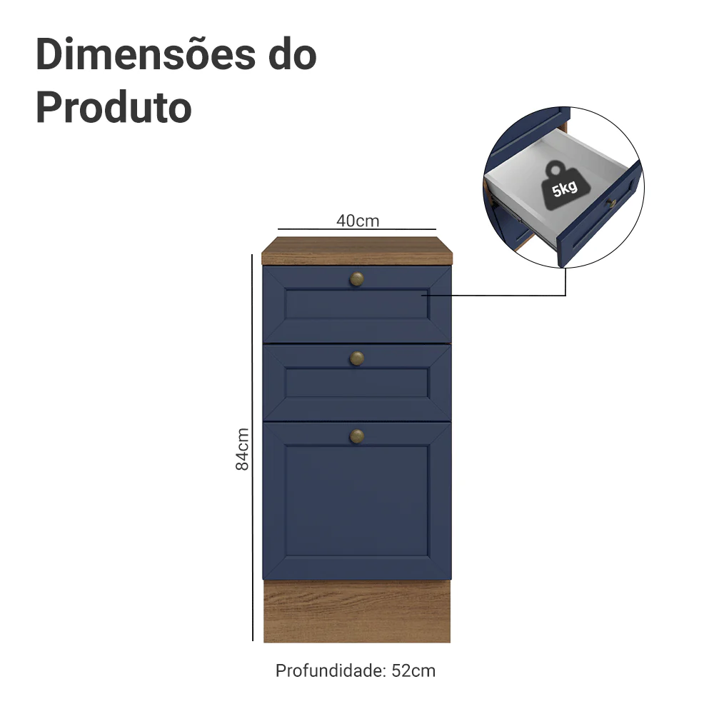 Balcão de Cozinha 40 cm 3 Gavetas Rustic/Azul Vik Madesa - Image 2