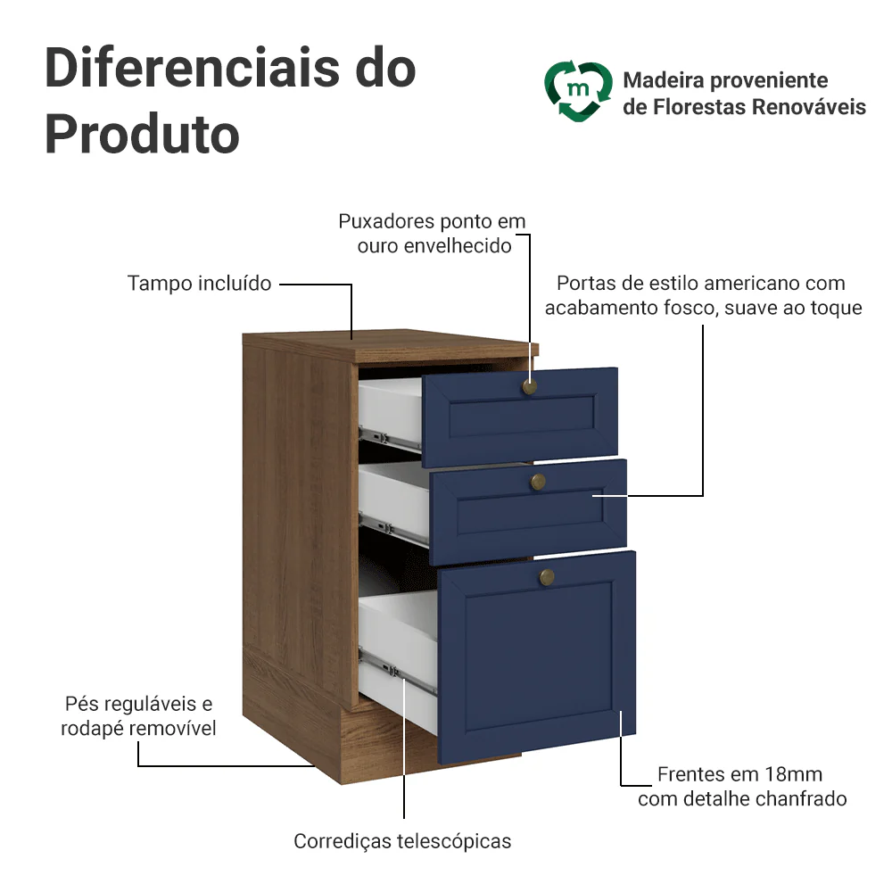 Balcão de Cozinha 40 cm 3 Gavetas Rustic/Azul Vik Madesa - Image 3