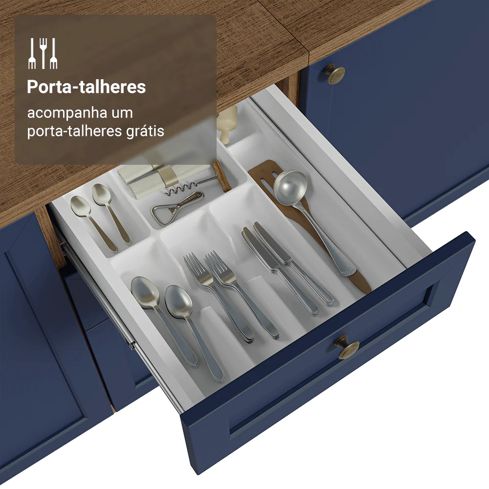 Balcão de Cozinha 40 cm 3 Gavetas Rustic/Azul Vik Madesa - Image 8