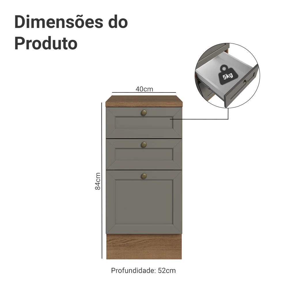 Balcão de Cozinha 40 cm 3 Gavetas Rustic/Cinza Vik Madesa - Image 2