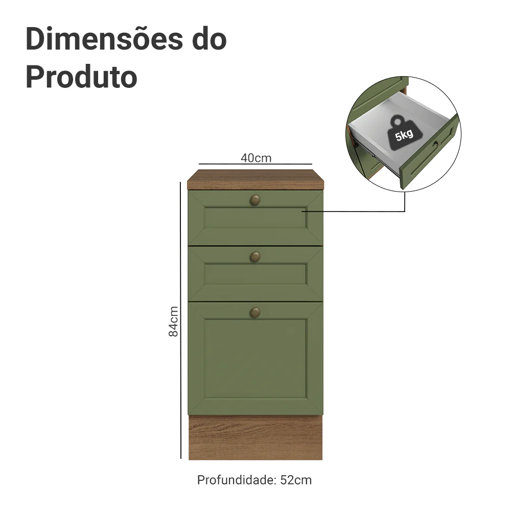 Balcão de Cozinha 40 cm 3 Gavetas Rustic/Verde Vik Madesa - Image 2