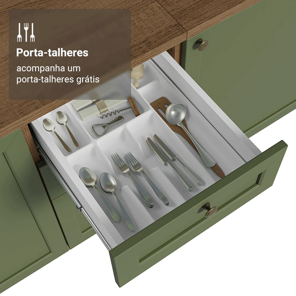 Balcão de Cozinha 40 cm 3 Gavetas Rustic/Verde Vik Madesa - Image 8