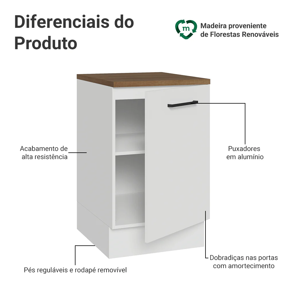 Balcão de Cozinha 50 x 60cm 1 Porta Branco Tampo Rustic Agata Madesa - Image 3