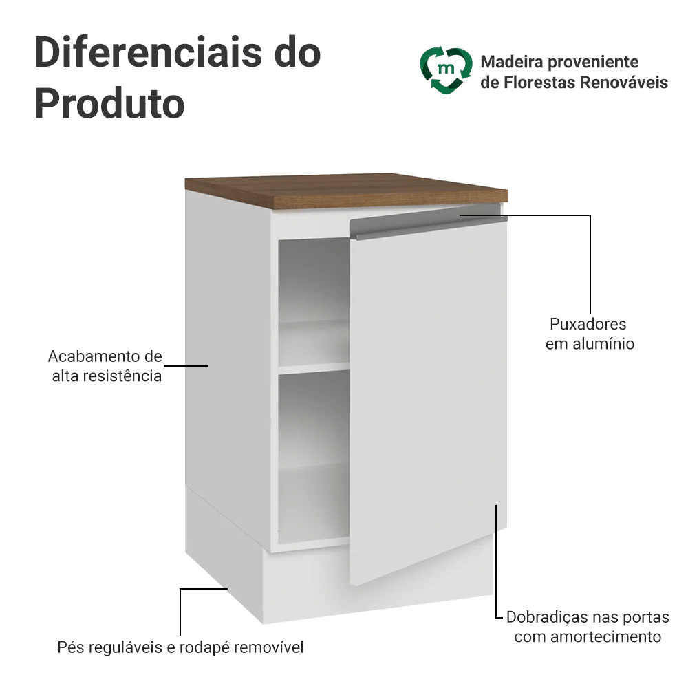 Balcão de Cozinha 50 x 60cm 1 Porta Branco Tampo Rustic Glamy Madesa - Image 3