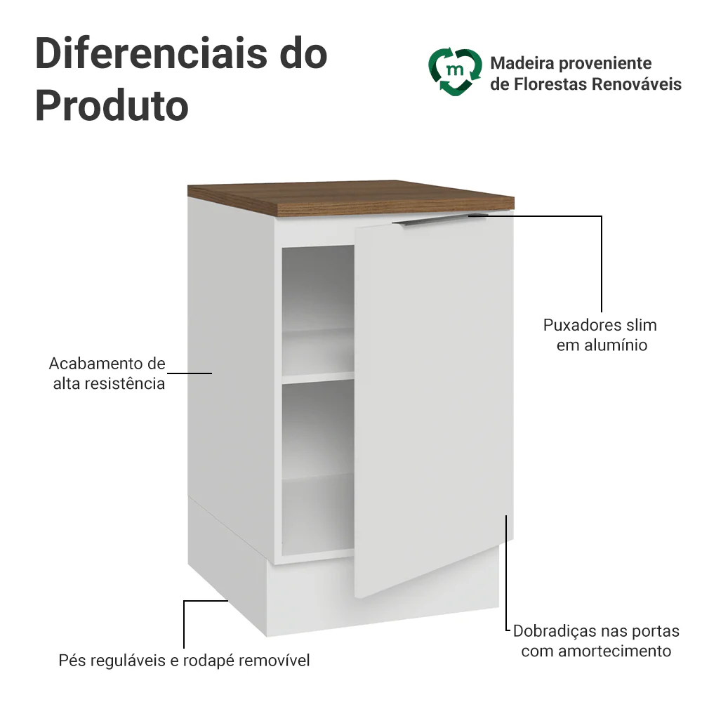 Balcão de Cozinha 50 x 60cm 1 Porta Branco Tampo Rustic Stella Madesa - Image 3