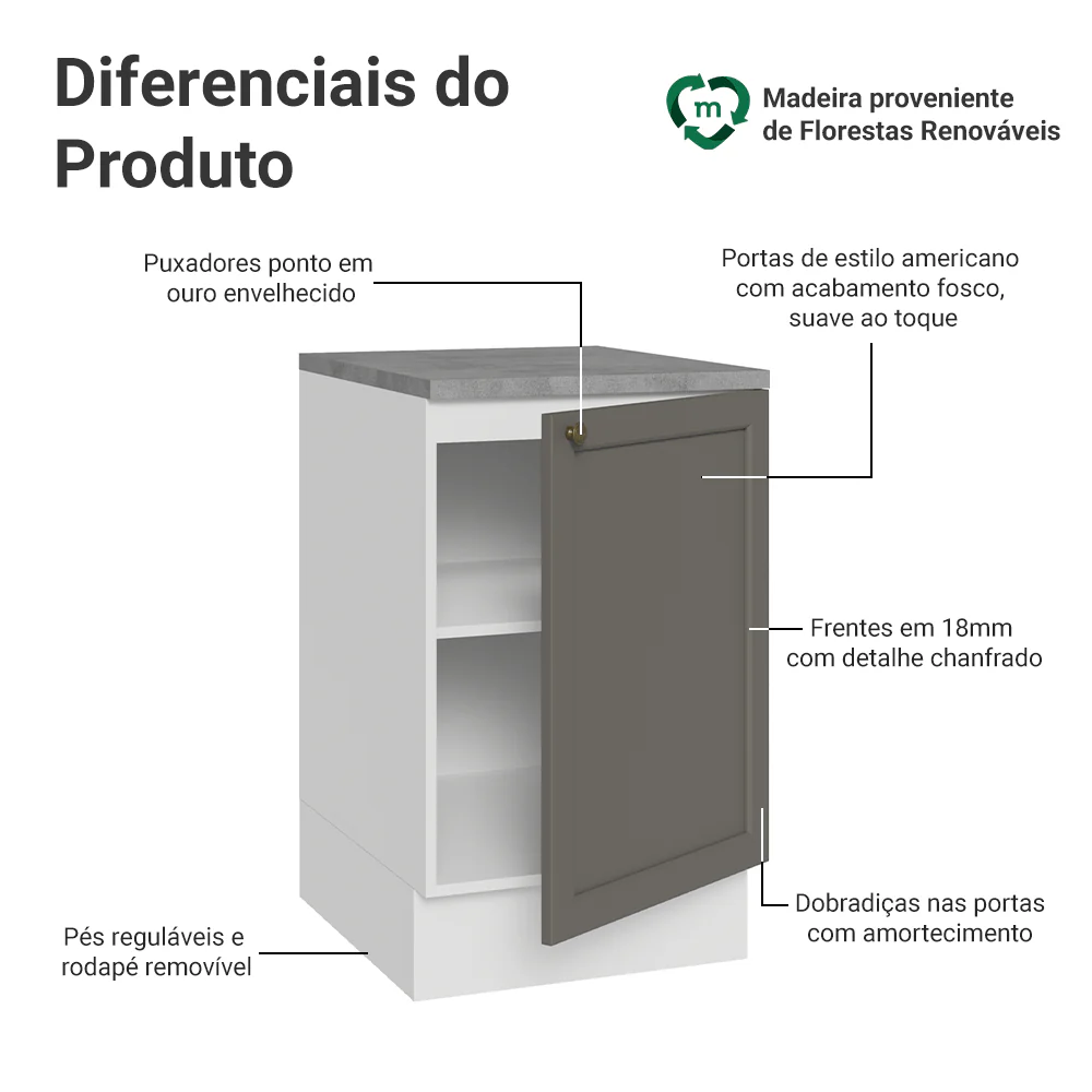 Balcão de Cozinha 50 x 60cm 1 Porta (Com Tampo) Branco/Cinza Vik Madesa - Image 3