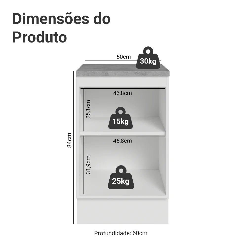 Balcão de Cozinha 50 x 60cm 1 Porta (Com Tampo) Branco Glamy Madesa - Image 2