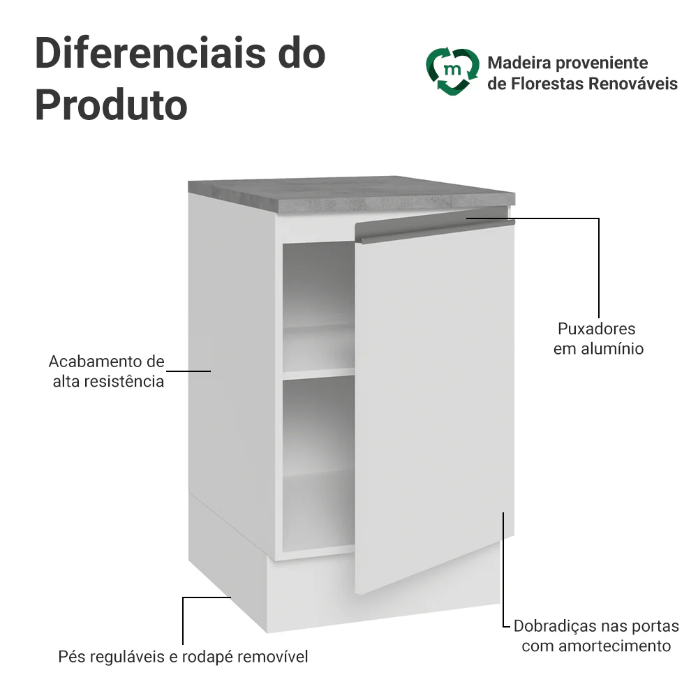 Balcão de Cozinha 50 x 60cm 1 Porta (Com Tampo) Branco Glamy Madesa - Image 3