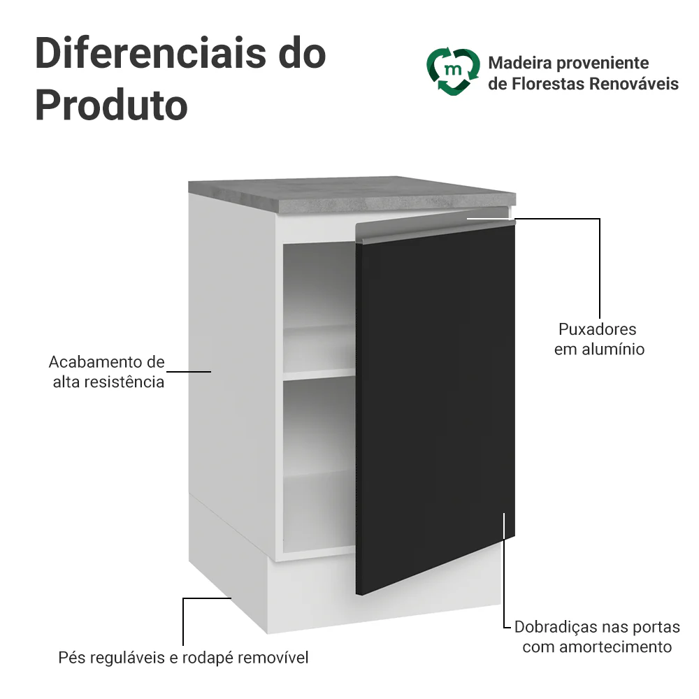Balcão de Cozinha 50 x 60cm 1 Porta (Com Tampo) Branco/Preto Glamy Madesa - Image 3