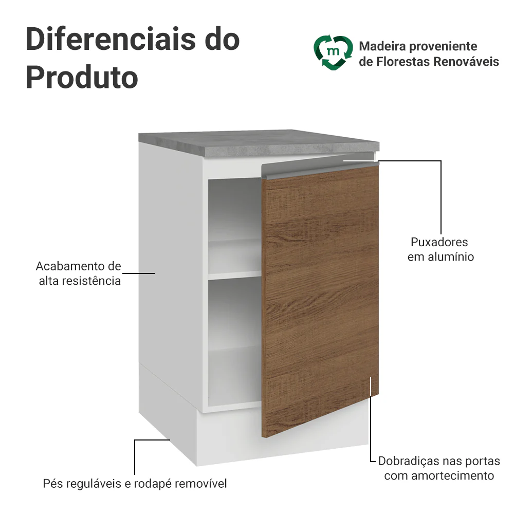 Balcão de Cozinha 50 x 60cm 1 Porta (Com Tampo) Branco/Rustic Glamy Madesa - Image 3