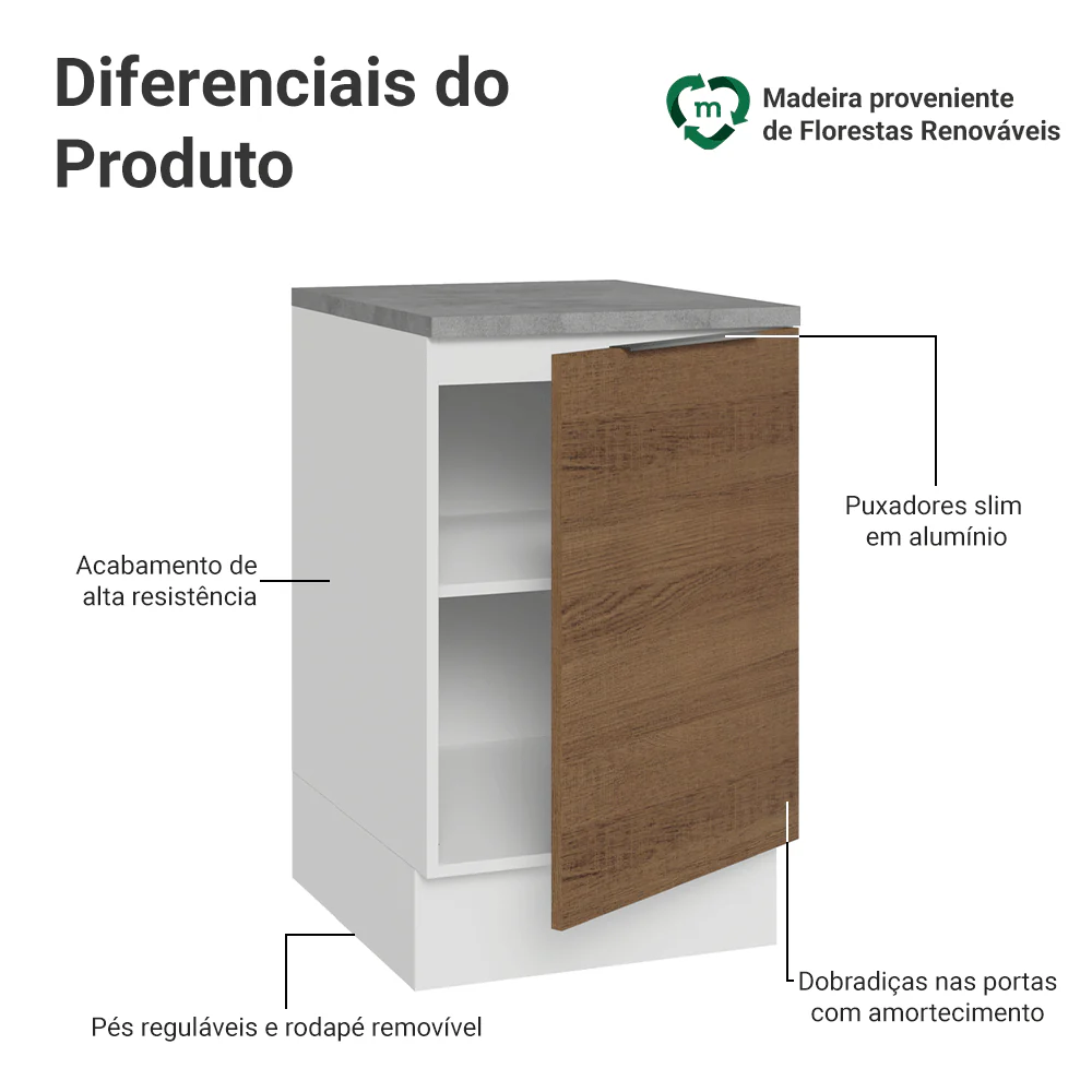 Balcão de Cozinha 50 x 60cm 1 Porta (Com Tampo) Branco/Rustic Stella Madesa - Image 3