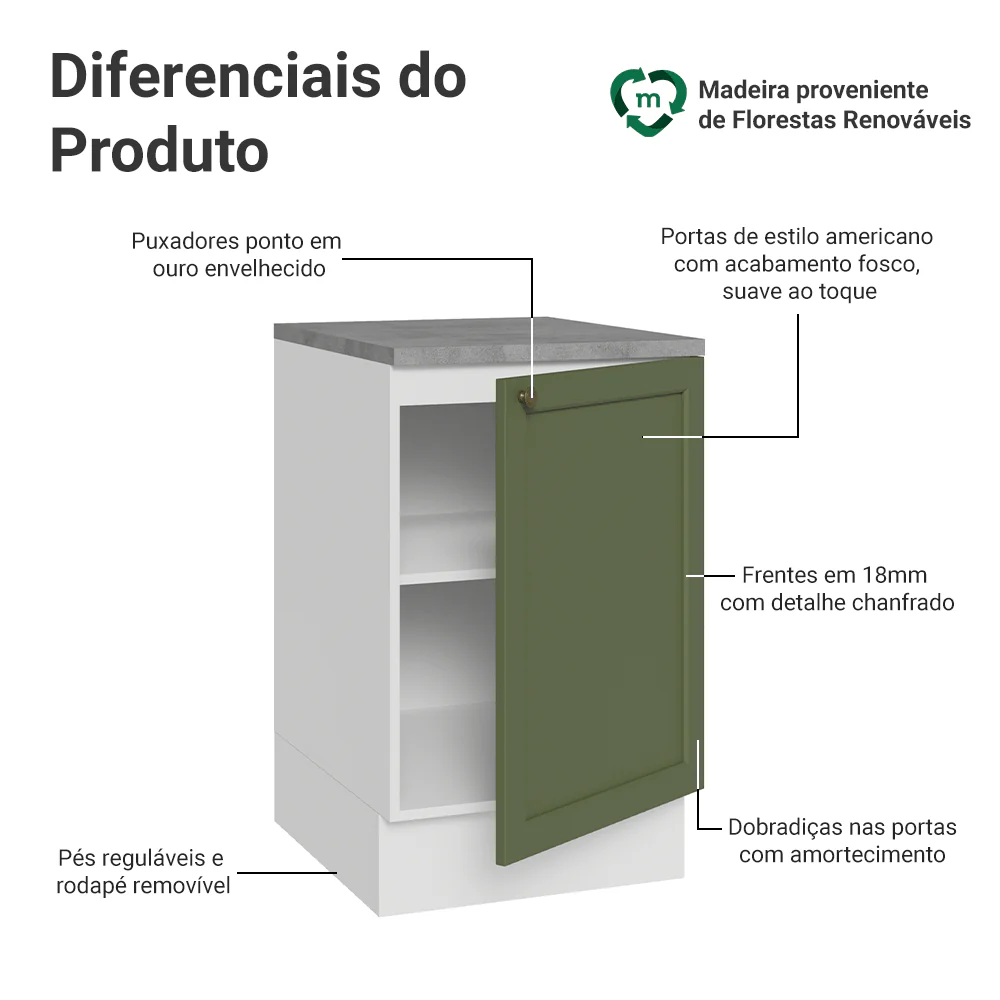 Balcão de Cozinha 50 x 60cm 1 Porta (Com Tampo) Branco/Verde Vik Madesa - Image 3