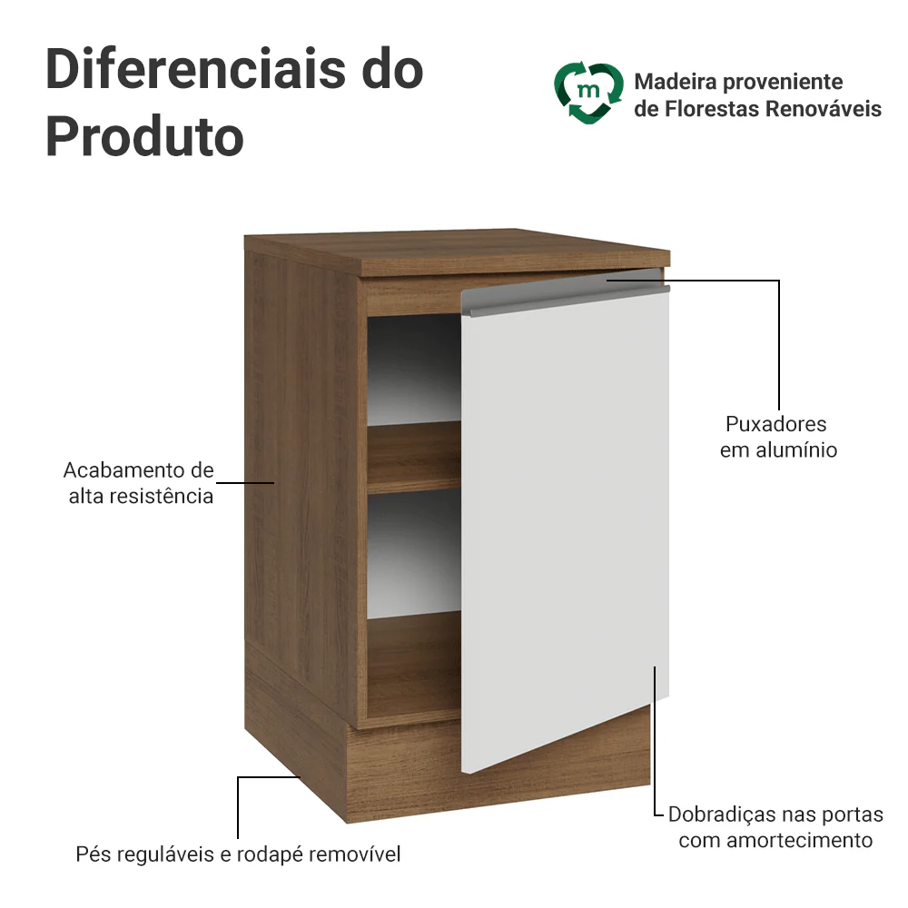 Balcão de Cozinha 50 x 60cm 1 Porta (Com Tampo) Rustic/Branco Glamy Madesa - Image 3