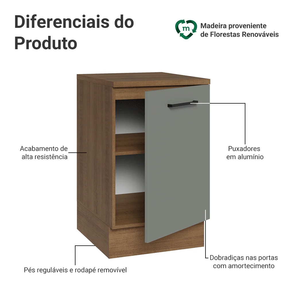 Balcão de Cozinha 50 x 60cm 1 Porta (Com Tampo) Rustic/Cinza Agata Madesa - Image 3