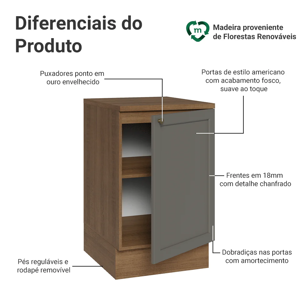 Balcão de Cozinha 50 x 60cm 1 Porta (Com Tampo) Rustic/Cinza Vik Madesa - Image 3