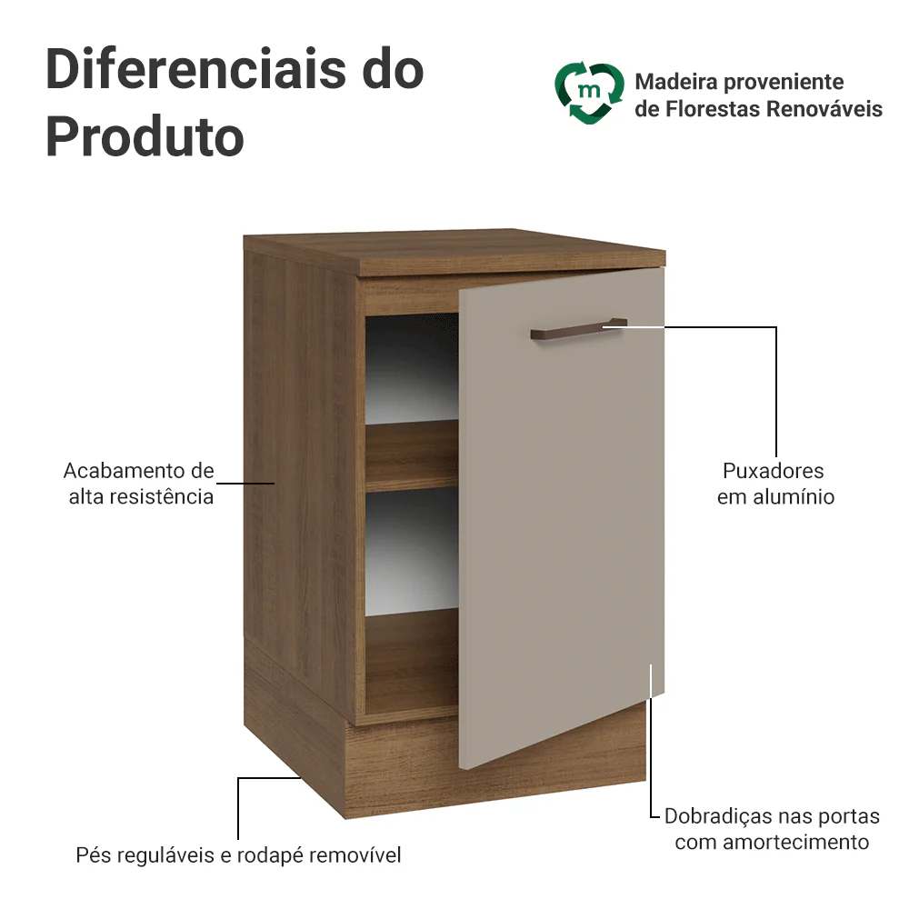 Balcão de Cozinha 50 x 60cm 1 Porta (Com Tampo) Rustic/Crema Agata Madesa - Image 3