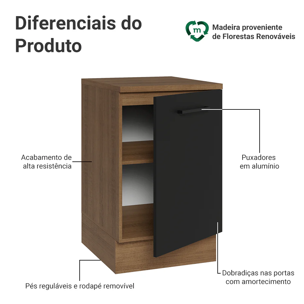 Balcão de Cozinha 50 x 60cm 1 Porta (Com Tampo) Rustic/Preto Agata Madesa - Image 3