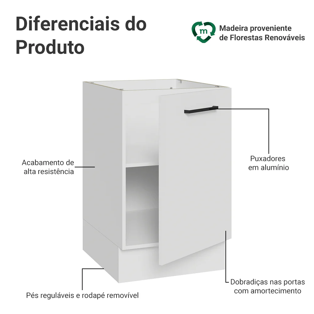 Balcão de Cozinha 50 x 60cm 1 Porta (Sem Tampo) Branco Agata Madesa - Image 3