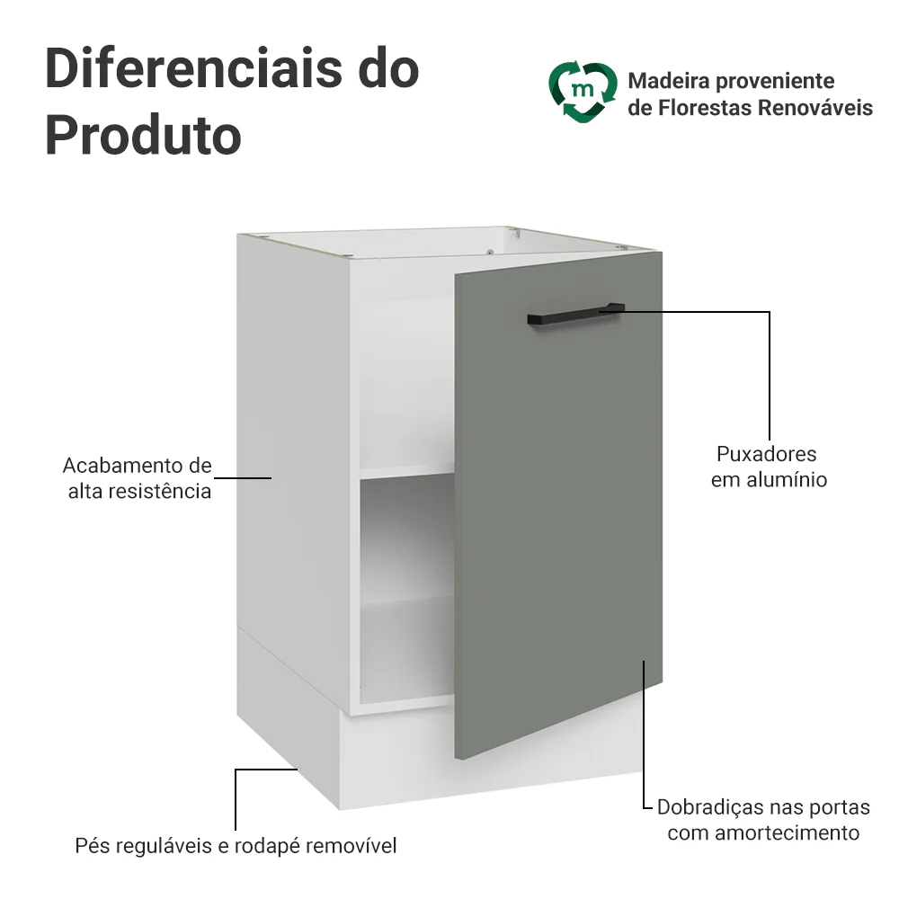 Balcão de Cozinha 50 x 60cm 1 Porta (Sem Tampo) Branco/Cinza Agata Madesa - Image 3