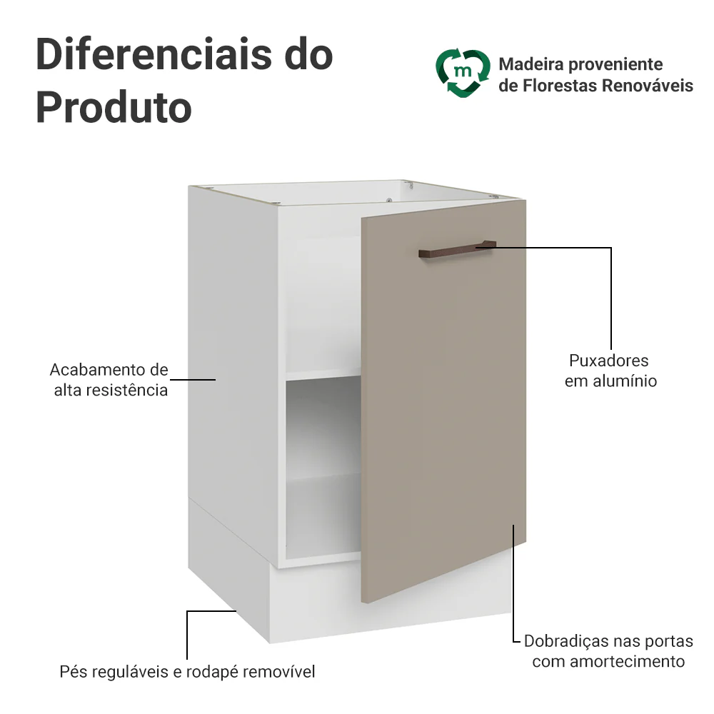 Balcão de Cozinha 50 x 60cm 1 Porta (Sem Tampo) Branco/Crema Agata Madesa - Image 3
